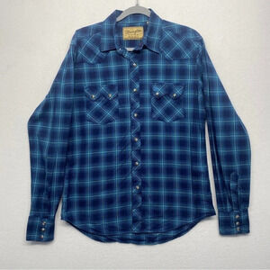 Wrangler Retro Plaid‎ Pearl Snap Shirt M Blue Cowgirl Western